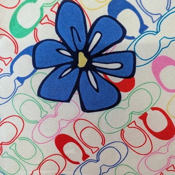 Coach Multicolor Floral Silk Scarf with Bold Blue & Red Blooms NWT